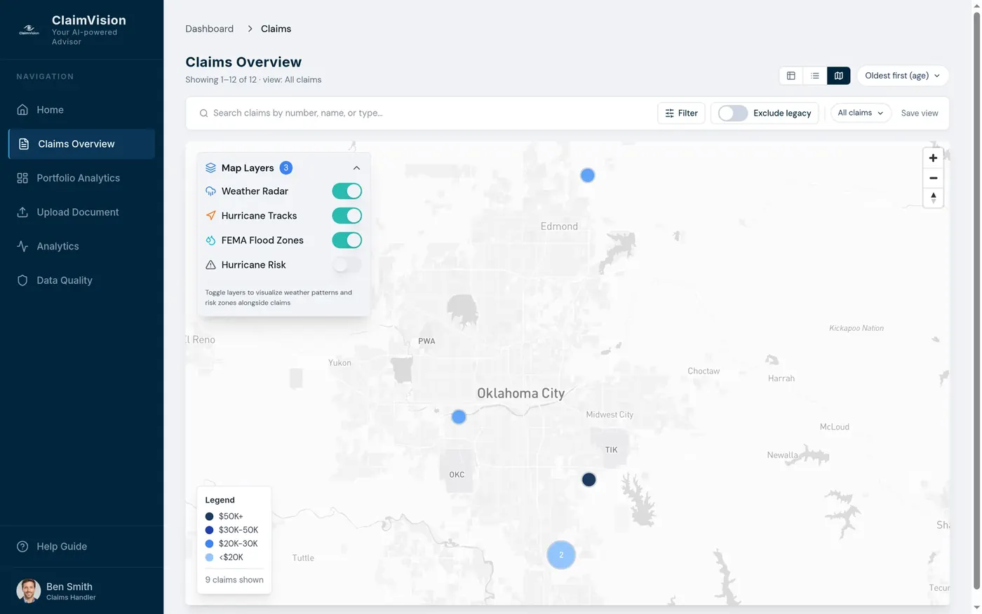 ClaimVision's claims overview as a map, with weather radar, hurricane tracks and flood zones over open claims.